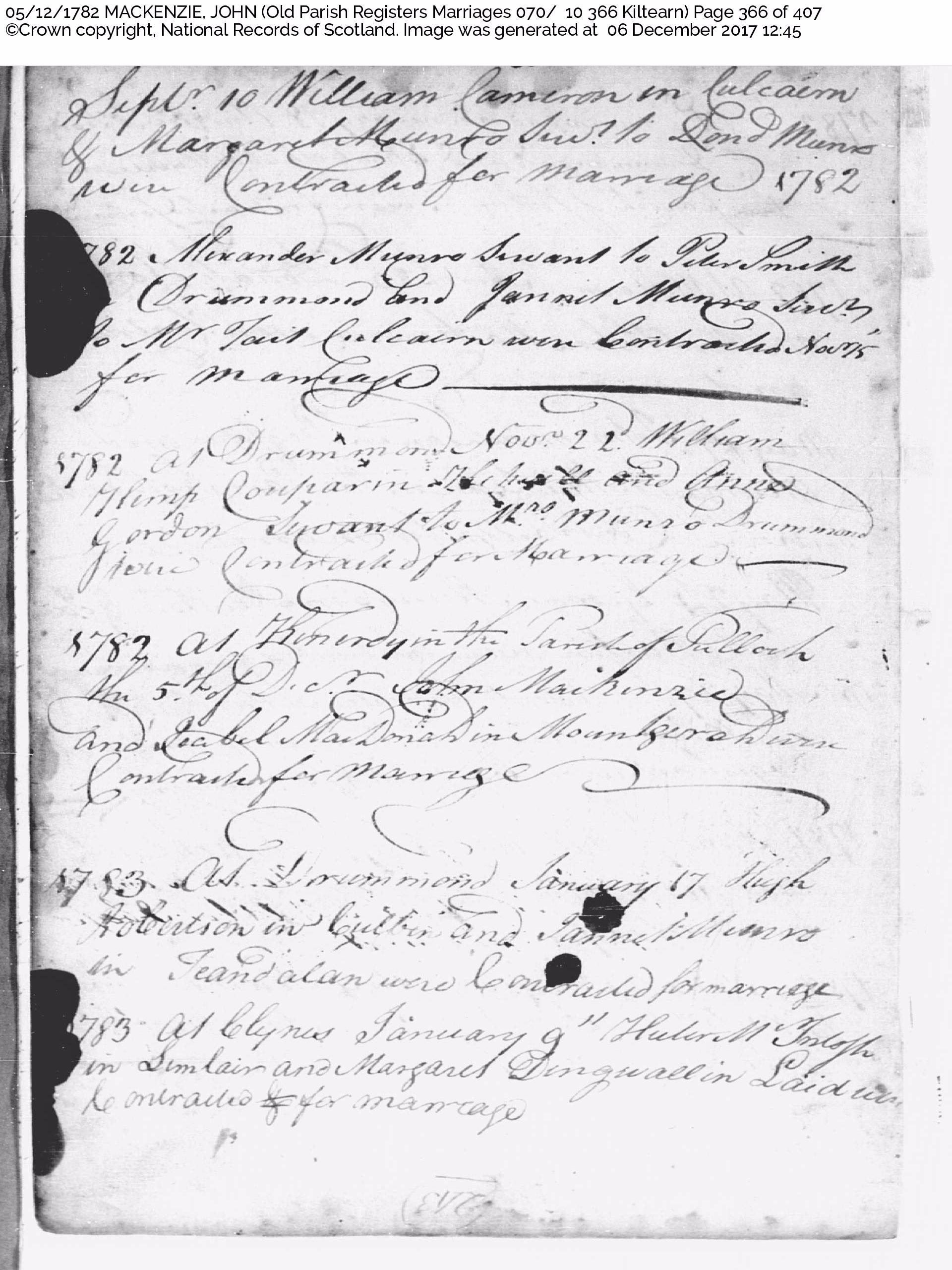 Marrage Register Entry 1782 John MackKENZIE & Isabel MacDONALD @Kiltearn, December 5, 1782, Linked To: <a href='i1055.html' >John McKenzie</a>